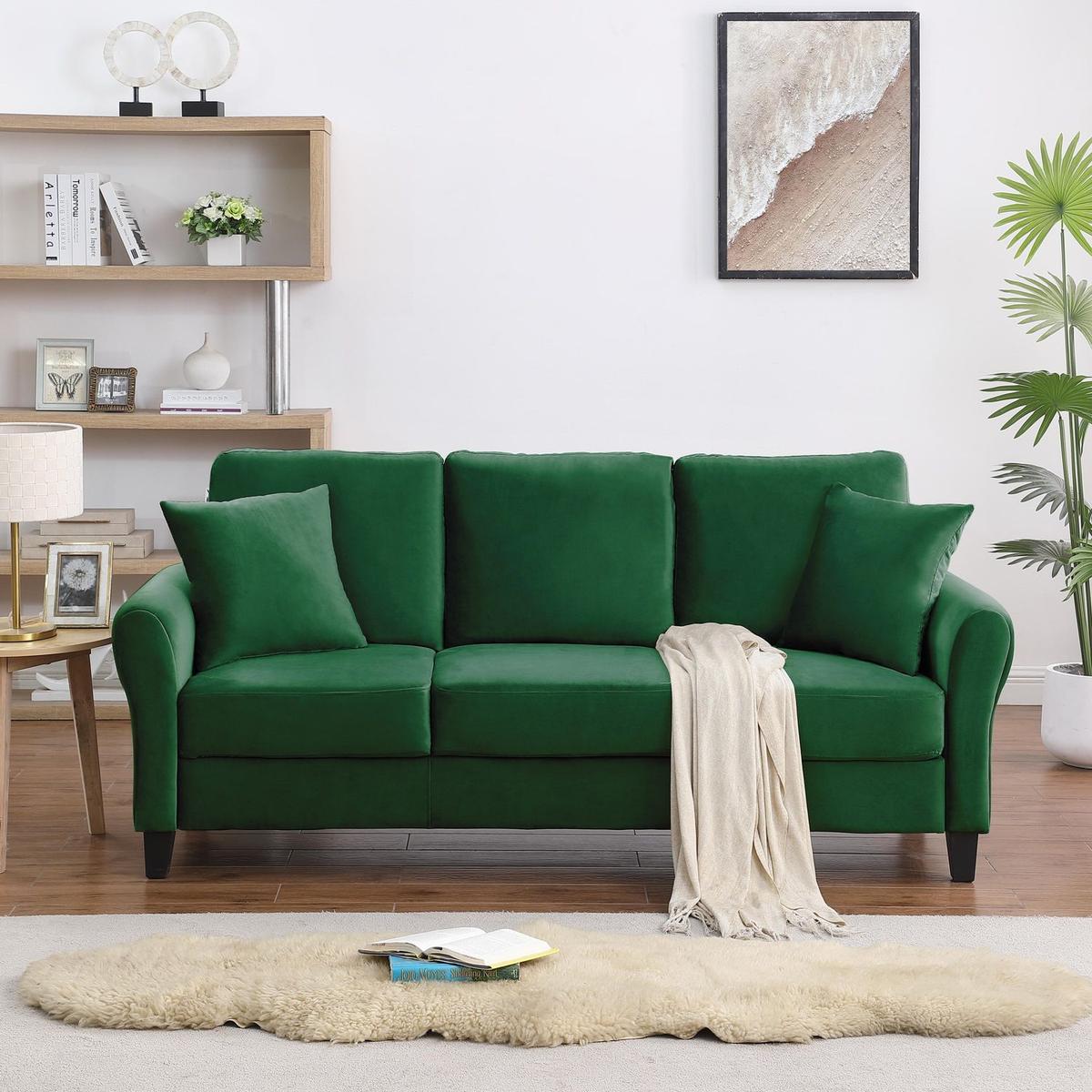 Modern Velvet Couch with 2 Pillow, 78 Inch Width Living Room Furniture, 3 Seater Sofa with Plastic Legs