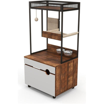 Hidden Cat Litter Box Enclosures with Cat Tree Tower, Cat Furniture with Scratching Pads and Large Storage Space, Industrial Cat Cabinet with Shelves and Doors, Rustic Brown