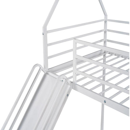 Twin over Twin House Bunk Bed with Ladder and Slide, White - Streamdale Furniture