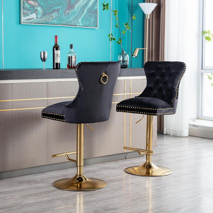 Swivel Bar Stools Chair Set of 2 Modern Adjustable Counter Height Bar Stools, Velvet Upholstered Stool with Tufted High Back & Ring Pull for Kitchen, Chrome Golden Base, Black