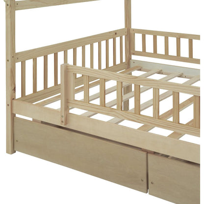 Full Size Wooden House Bed with Two Drawers, Natural