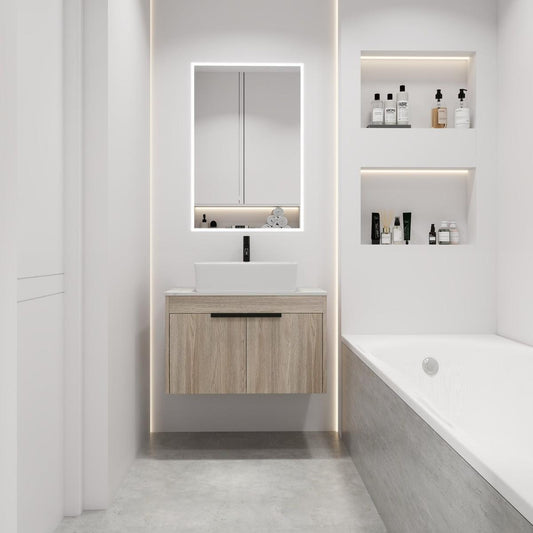 30" Modern Design Float Bathroom Vanity With Ceramic Basin Set, Wall Mounted White Oak Vanity With Soft Close Door, KD-PackingD-Packing Pieces