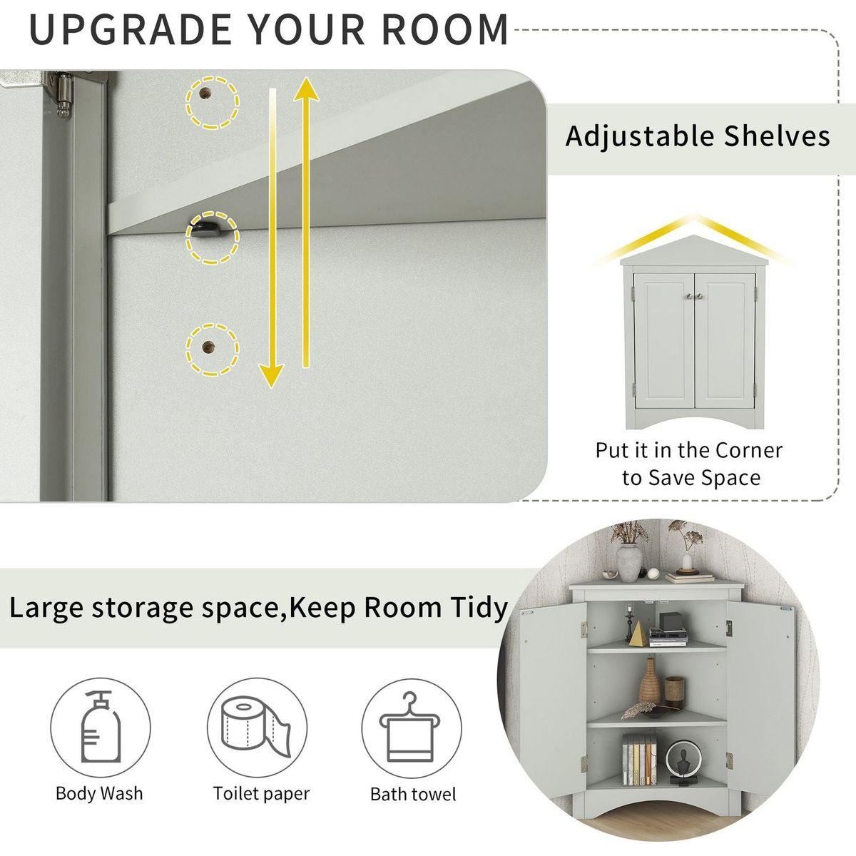 Grey Triangle Bathroom Storage Cabinet with Adjustable Shelves, Freestanding Floor Cabinet for Home Kitchen