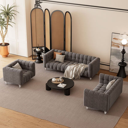 Modern 3-piece sofa set with solid wood legs, buttoned tufted backrest, Dutch fleece upholstered sofa set including three-seater sofa, double seat and living room furniture set single chair, gray