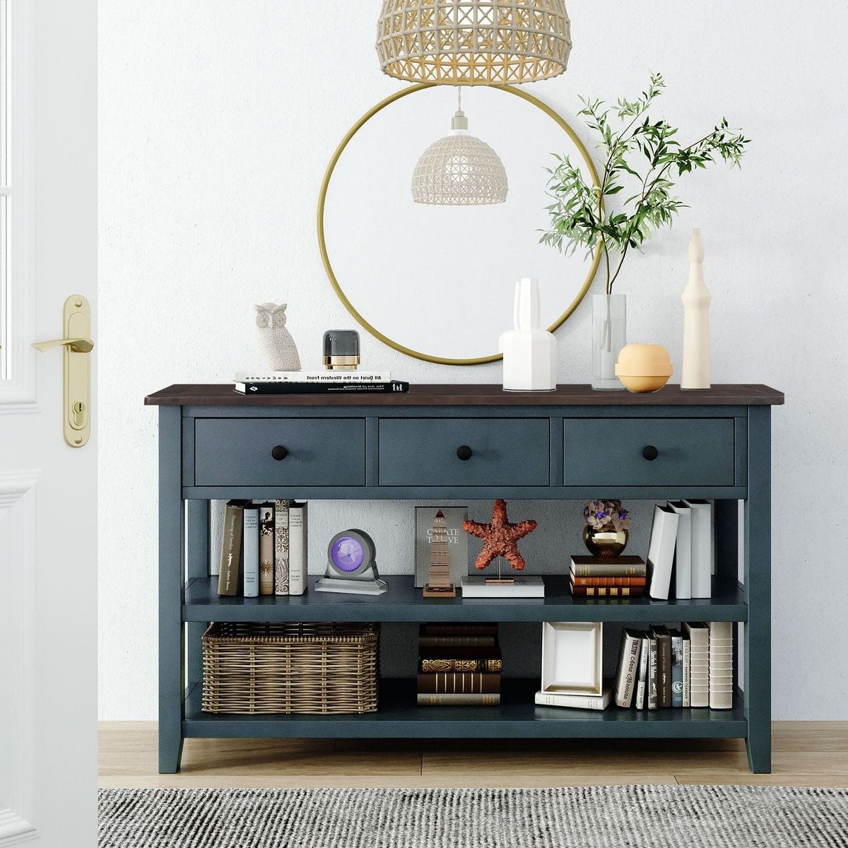 Retro Design Console Table with Two Open Shelves, Pine Solid Wood Frame and Legs for Living Room (Navy) - Streamdale Furniture