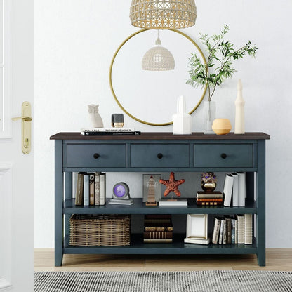 Retro Design Console Table with Two Open Shelves, Pine Solid Wood Frame and Legs for Living Room (Navy) - Streamdale Furniture