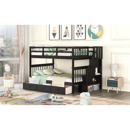 Stairway Full-Over-Full Bunk Bed with Drawer, Storage and Guard Rail for Bedroom, Espresso color