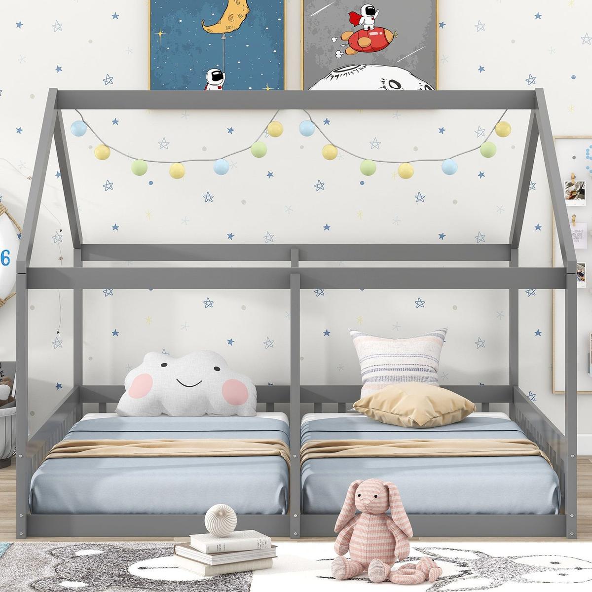 Twin Size House Platform Beds, Two Shared Beds, Gray - Streamdale Furniture