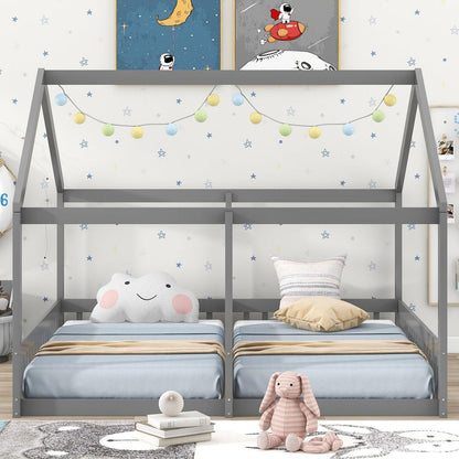 Twin Size House Platform Beds, Two Shared Beds, Gray - Streamdale Furniture