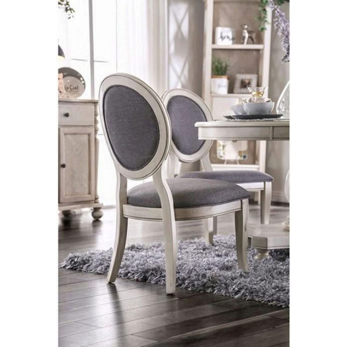 Transitional Antique White and Gray Side Chairs Set of 2 Chairs Dining Room Furniture Padded fabric seat