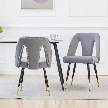 Akoya Collection Modern Contemporary Velvet Upholstered Dining Chair with Nailheads and Gold Tipped Black Metal Legs, Gray, Set of 2