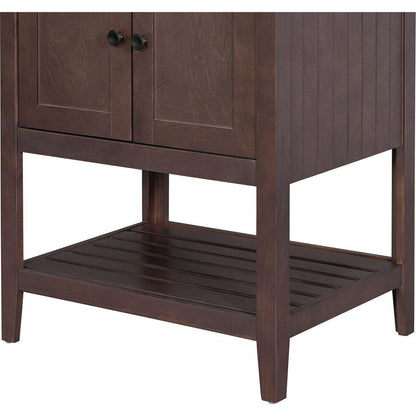 24" Brown Modern Sleek Bathroom Vanity Elegant Ceramic Sink with Solid Wood Frame Open Style Shelf