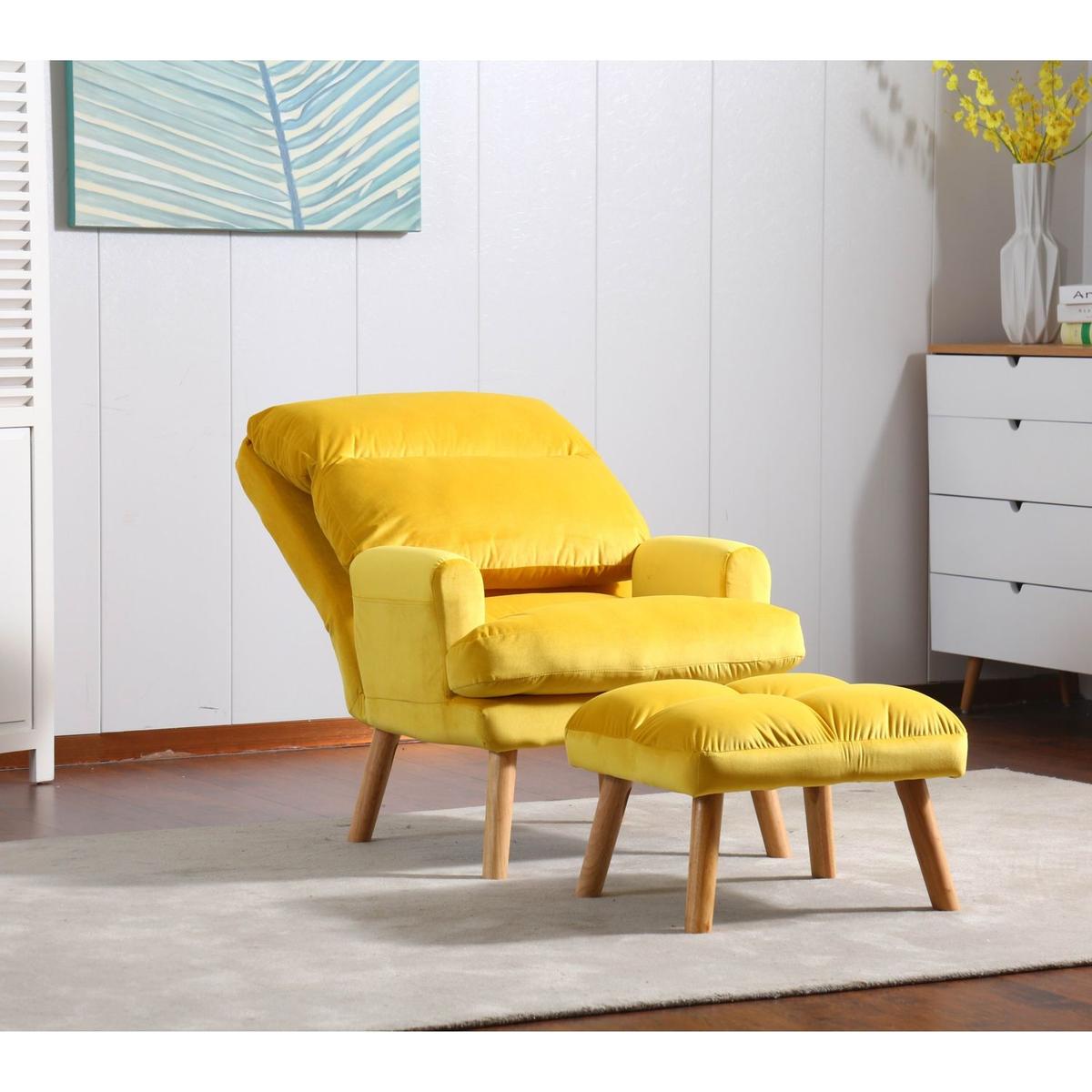 Soft Comfortable 1pc Accent Click Clack Chair with Ottoman Yellow Fabric Upholstered Oak Finish Legs Living Room Furniture