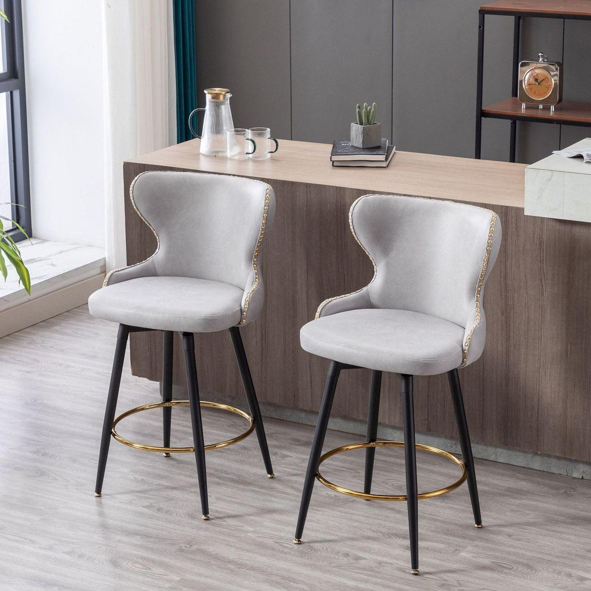 Counter Height 25" Modern Leathaire Fabric bar chairs, 180 degree Swivel Bar Stool Chair for Kitchen, Tufted Gold Nailhead Trim Bar Stools with Metal Legs, Set of 2 (Light Gray)