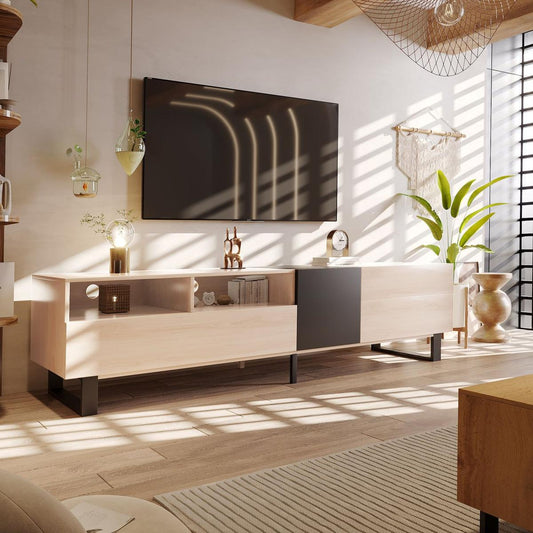 Modern TV Stand for 80" TV with Double Storage Space, Media Console Table, Entertainment Center with Drop Down Door for Living Room, Bedroom, Home Theatre