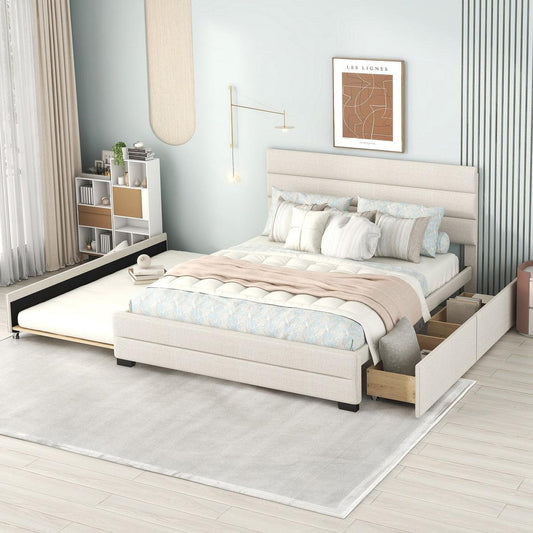 Queen Upholstered Platform Bed with Trundle and Two Drawers, Beige - Streamdale Furniture
