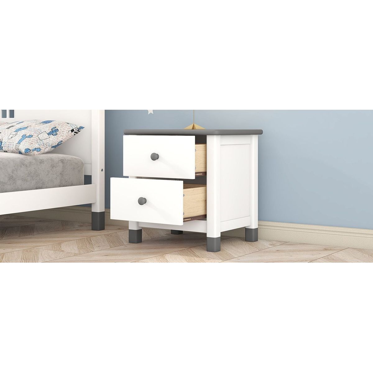 Wooden Nightstand with Two Drawers for Kids, End Table for Bedroom, White+Gray