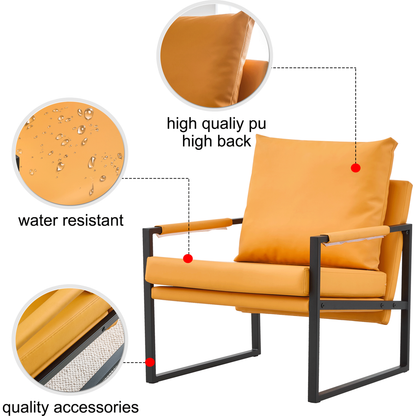 PU Leather Accent Arm Chair Mid Century Upholstered Armchair with Metal Frame Extra-Thick Padded Backrest and Seat Cushion Sofa Chairs for Living Room (orange PU Leather + Metal Frame + Foam)SF-008