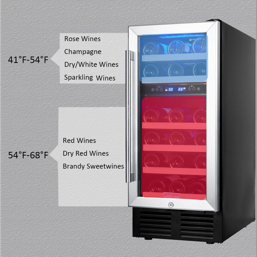 15 Inch Wine Cooler Refrigerators 28 Bottle Fast Cooling Low Noise Wine Fridge with Professional Compressor Stainless Steel, Digital Temperature Control Screen Built-in or Freestanding