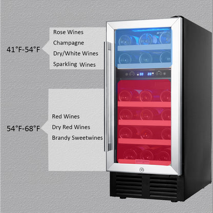 15 Inch Wine Cooler Refrigerators 28 Bottle Fast Cooling Low Noise Wine Fridge with Professional Compressor Stainless Steel, Digital Temperature Control Screen Built-in or Freestanding