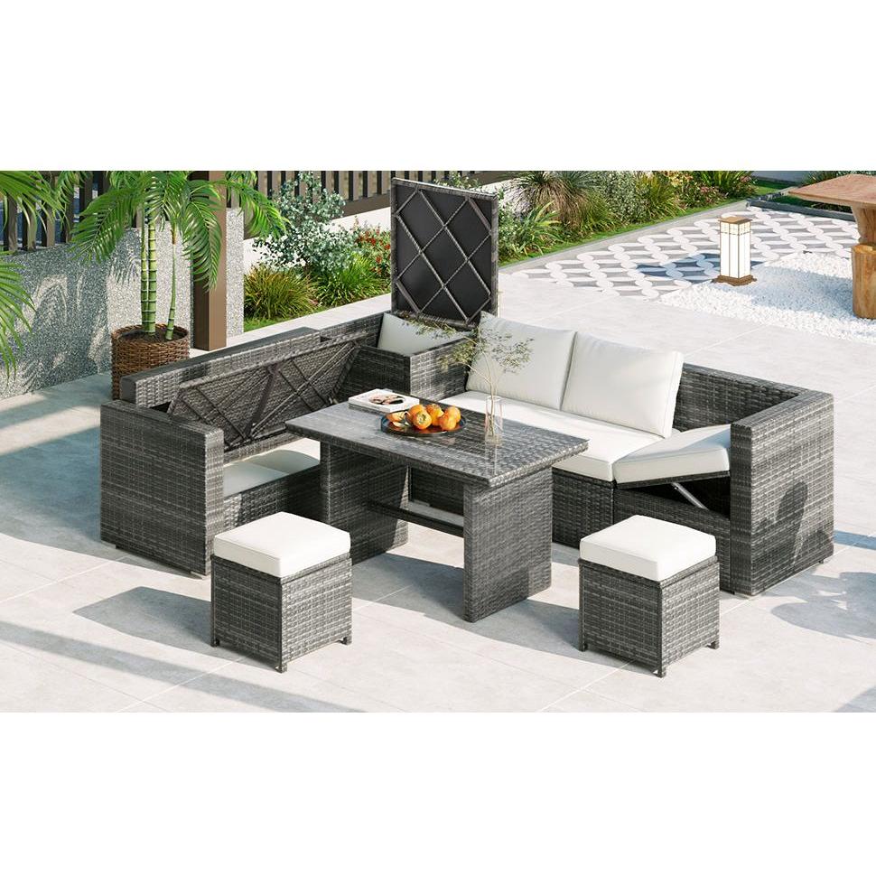 Outdoor 6-Piece All Weather PE Rattan Sofa Set, Garden Patio Wicker Sectional Furniture Set with Adjustable Seat, Storage Box, Removable Covers and Tempered Glass Top Table, Beige