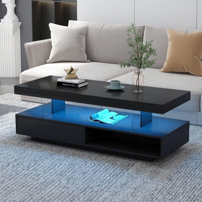 LED Coffee Table with Storage, Modern Center Table with 2 Drawers and Display Shelves, Accent Furniture with LED Lights for Living Room,Black