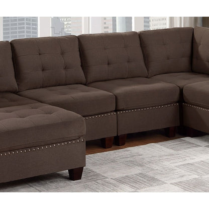 Modular Sectional 6pc Set Living Room Furniture U-Sectional Tufted Nail heads Couch Black Coffee Linen Like Fabric 2x Corner Wedge 2x Armless Chairs and 2x Ottomans