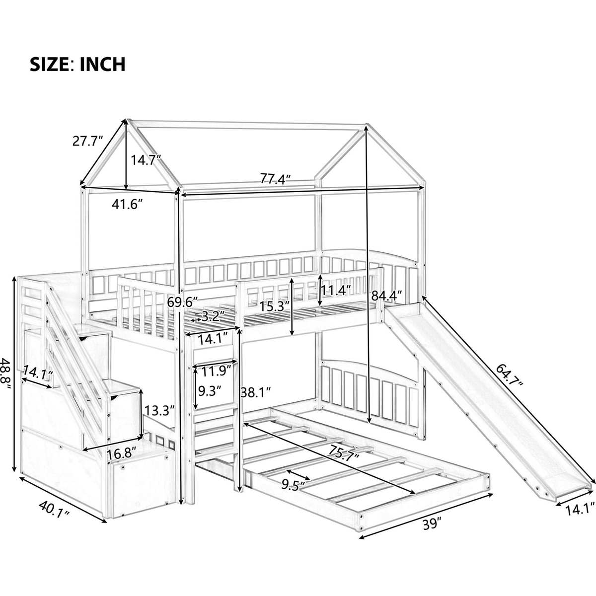 Twin Over Twin Bunk Bed with Two Drawers and Slide, House Bed with Slide, White