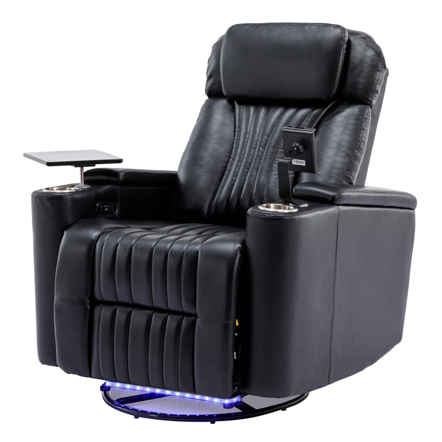 270 degree Power Swivel Recliner, Home Theater Seating With Hidden Arm Storage and LED Light Strip, Cup Holder, 360 degree Swivel Tray Table, and Cell Phone Holder, Soft Living Room Chair, Black