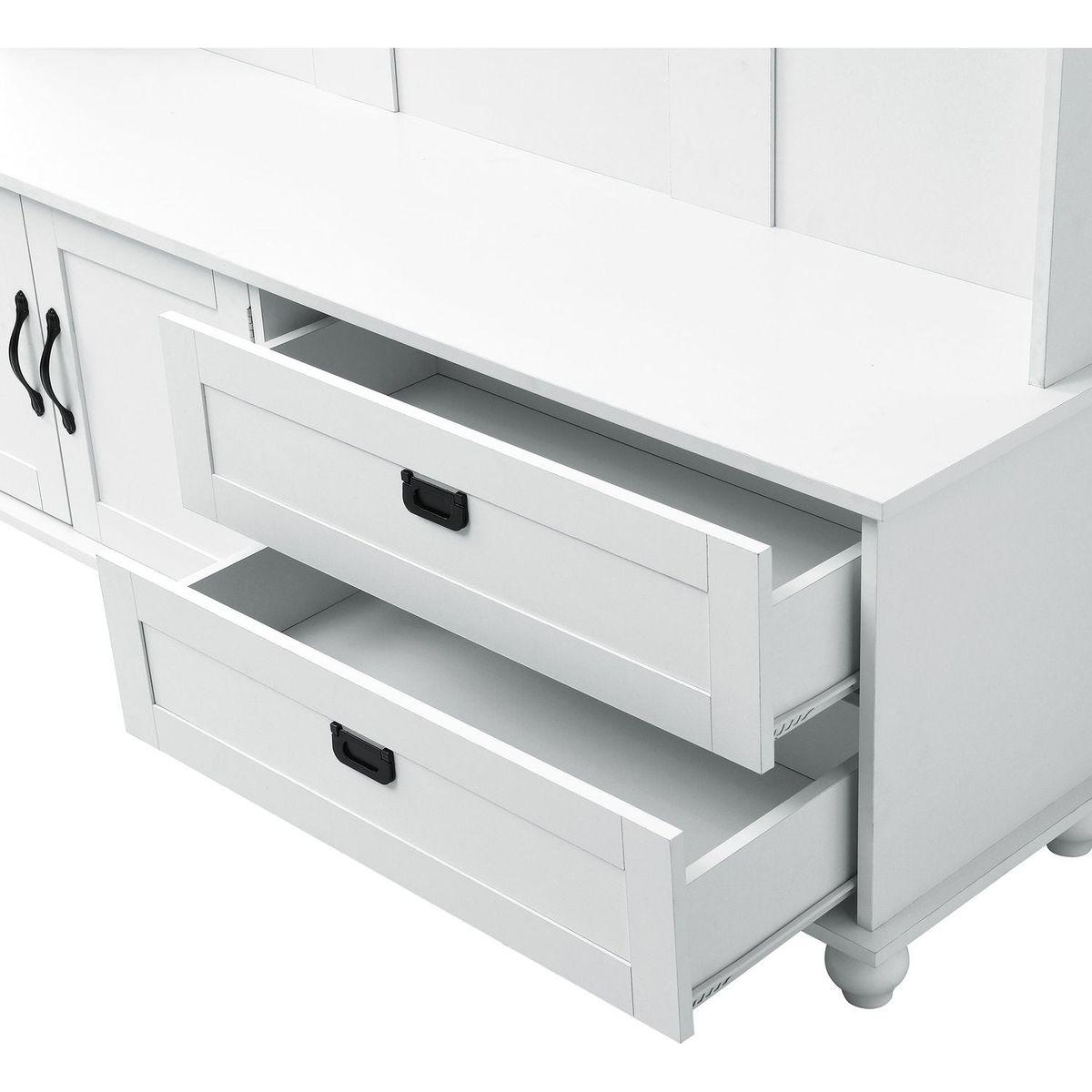Modern Style Hall Tree with Storage Cabinet and 2 Large Drawers, Widen Mudroom Bench with 5 Coat Hooks, White