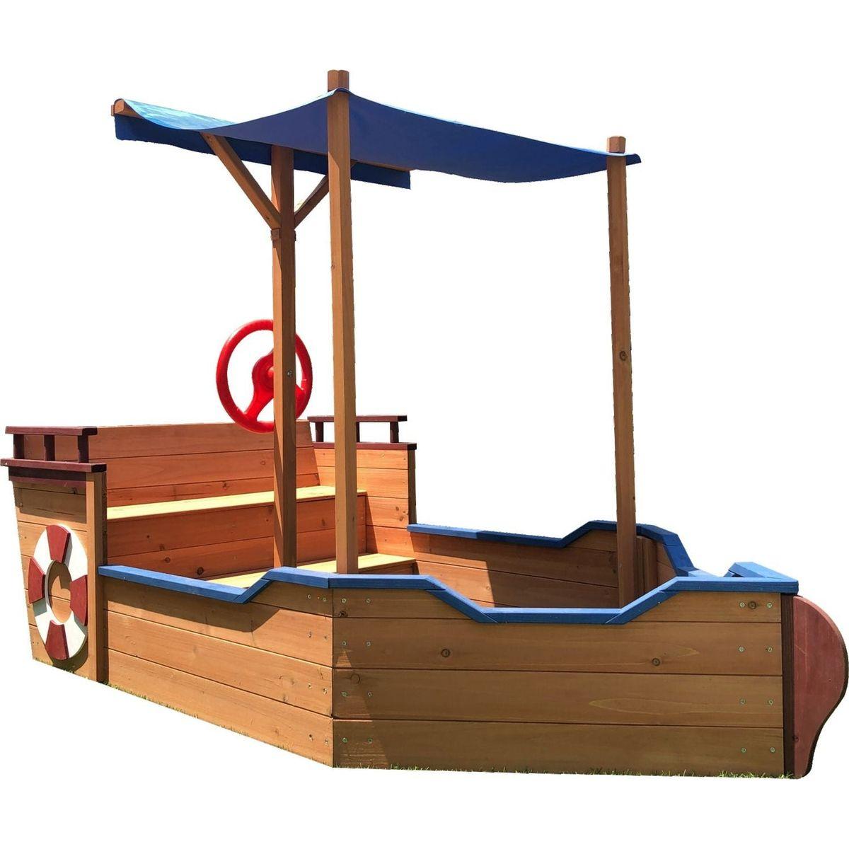Pirate Ship Sandbox with Cover and Rudder, Wooden Sandbox with Storage Bench and Seat, Outdoor Toy for Kids Ages 3-8 Years Old