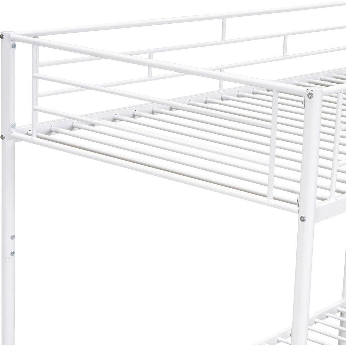 Twin Over Twin Metal Bunk Bed with Shelf and Guardrails, White