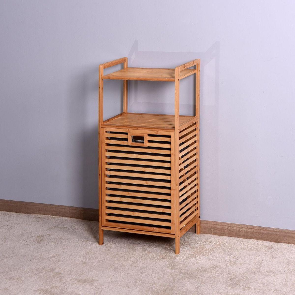 Bathroom Laundry Basket Bamboo Storage Basket with 2-tier Shelf 17.32 x 13 x 37.8 inch - Streamdale Furniture