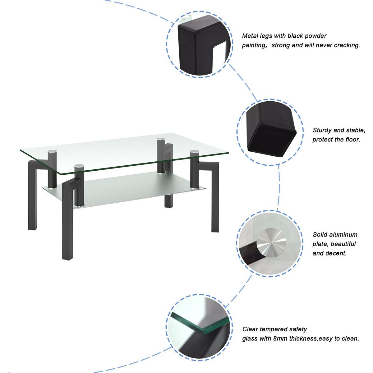 Rectangle Black Glass Coffee Table, Clear Coffee Table, Modern Side Center Tables for Living Room, Living Room Furniture