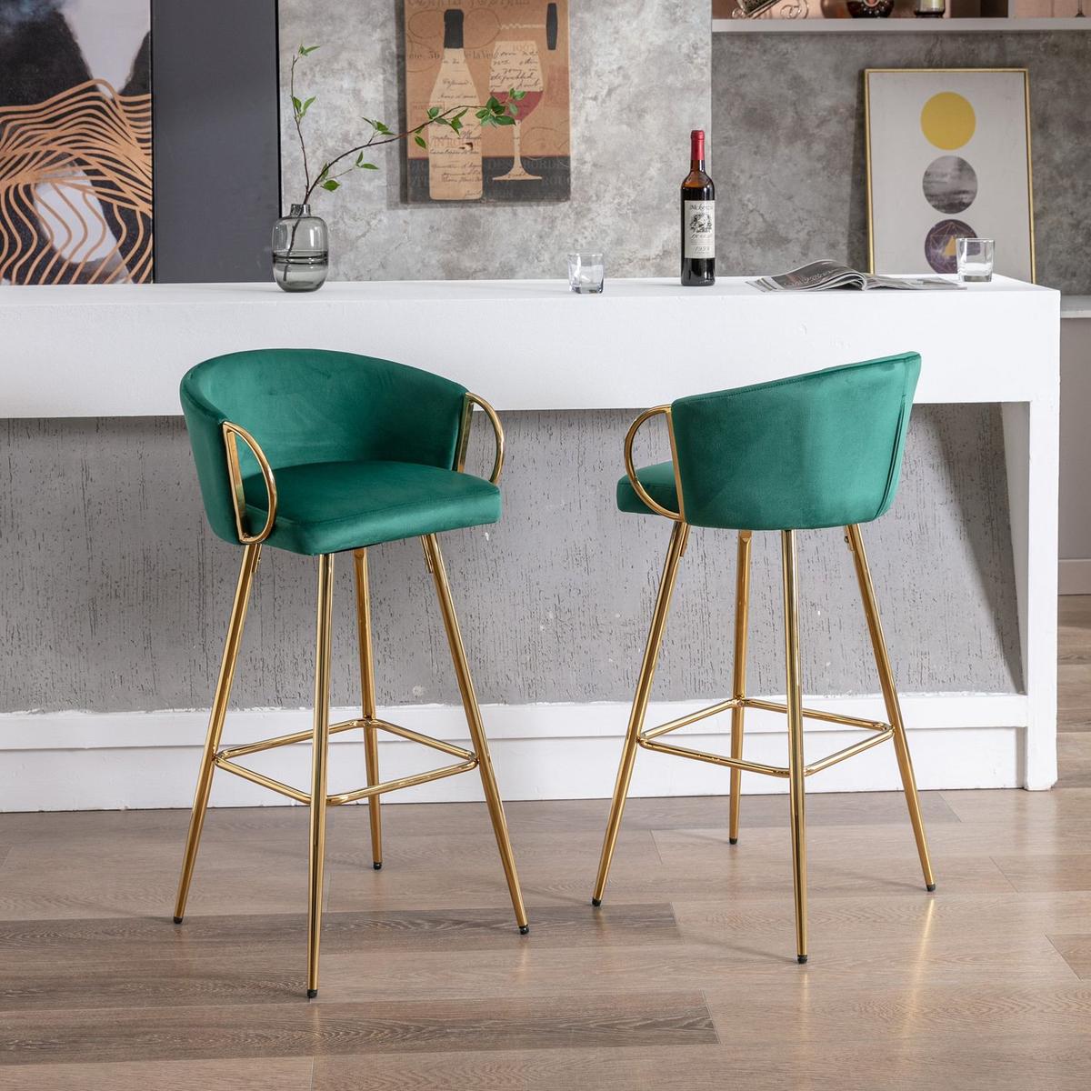 26 Inch Set of 2 Bar Stools, with Chrome Footrest and Base Velvet + Golden Leg Simple Bar Stool, GREEN