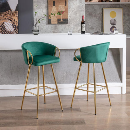 26 Inch Set of 2 Bar Stools, with Chrome Footrest and Base Velvet + Golden Leg Simple Bar Stool, GREEN