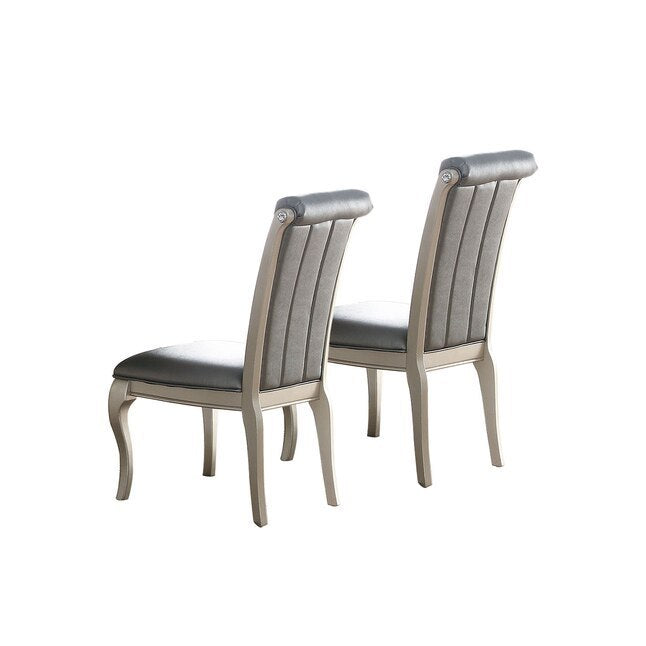 Luxury Antique Silver Wooden Set of 2 Dining Side Chairs Grey Faux Leather / PU Tufted Upholstered Cushion Chairs