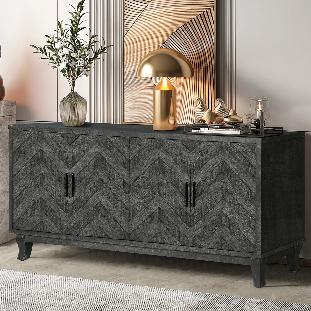 Stronger Vintage Style Buffet Cabinet, Lacquered Accent Storage 4 Door Wooden Cabinets, Thickened Sideboard Storage Cabinet for Entryway, Living Room, Taupe Grey - Streamdale Furniture