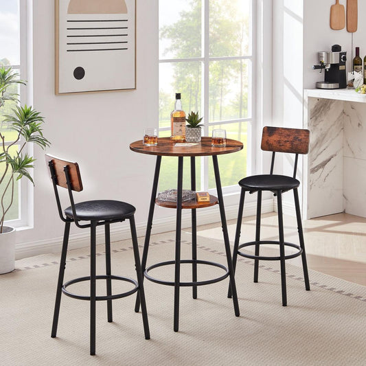 Round bar stool set with shelf, upholstered stool with backrest, Rustic Brown, 23.62" W x 23.62" D x 35.43" H - Streamdale Furniture