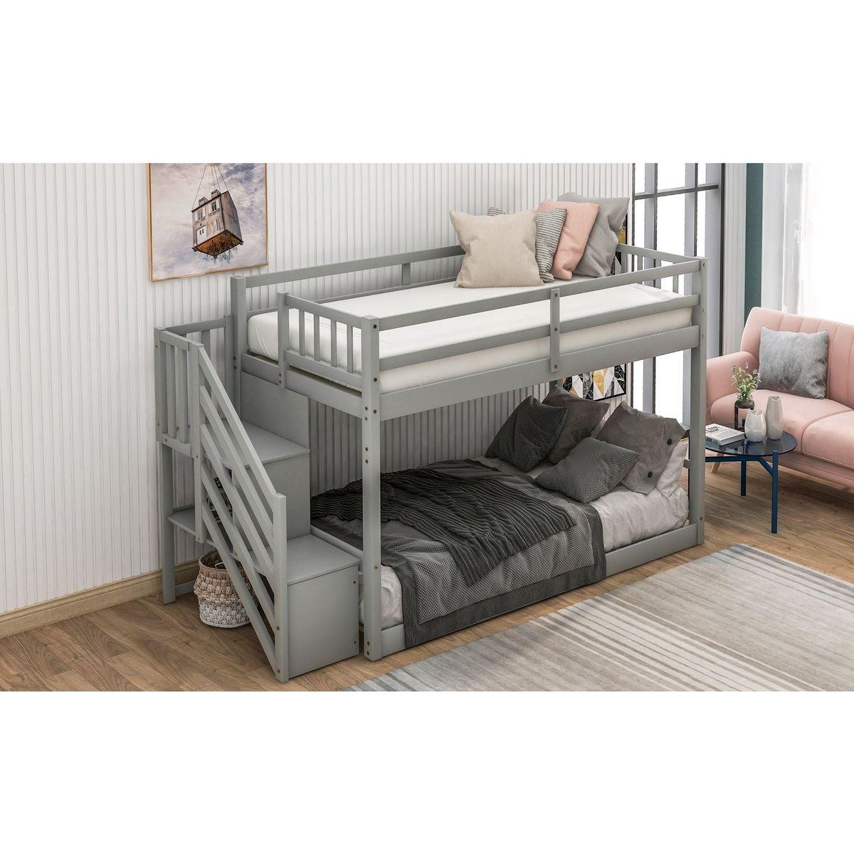 Twin over Twin Floor Bunk Bed, Ladder with Storage, Gray - Streamdale Furniture