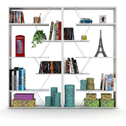 Furnish Home Store Wood Frame Etagere Open Back 6 Shelves Bookcase Industrial Bookshelf for Office and Living Rooms Modern Bookcases Large Bookshelf Organizer, White/Chrome