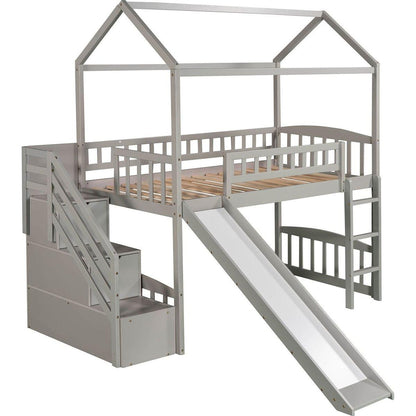 Twin Loft Bed with Two Drawers and Slide, House Bed with Slide, Gray