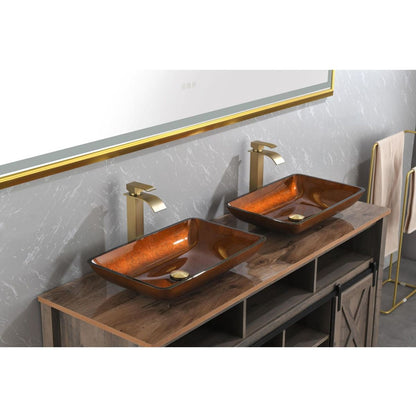 22.5" L -L -14.5" W -4 1/2 in. Handmade Glass Rectangle Vessel Bathroom Sink Set in Rich Chocolate Brown Finish with gold Faucet and gold Pop Up Drain