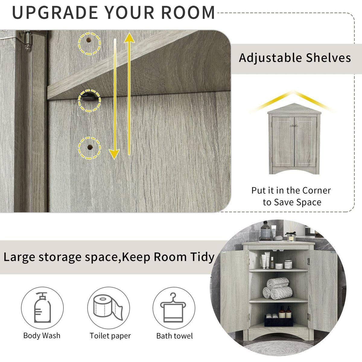 Oak Triangle Bathroom Storage Cabinet with Adjustable Shelves, Freestanding Floor Cabinet for Home Kitchen