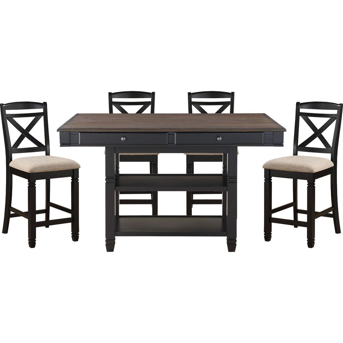 Transitional Style Dining Counter Height Chairs Set of 2pc Black Finish Wood Beige Fabric Seat Dining Room Furniture