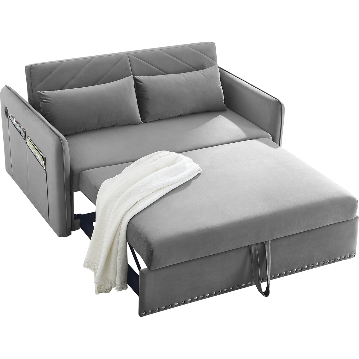 Pull-out sofa sleeper, 3-in-1 adjustable sleeper with pull-out bed, 2 lumbar pillows and side pocket, soft velvet convertible sleeper sofa bed, suitable for living room bedroom.