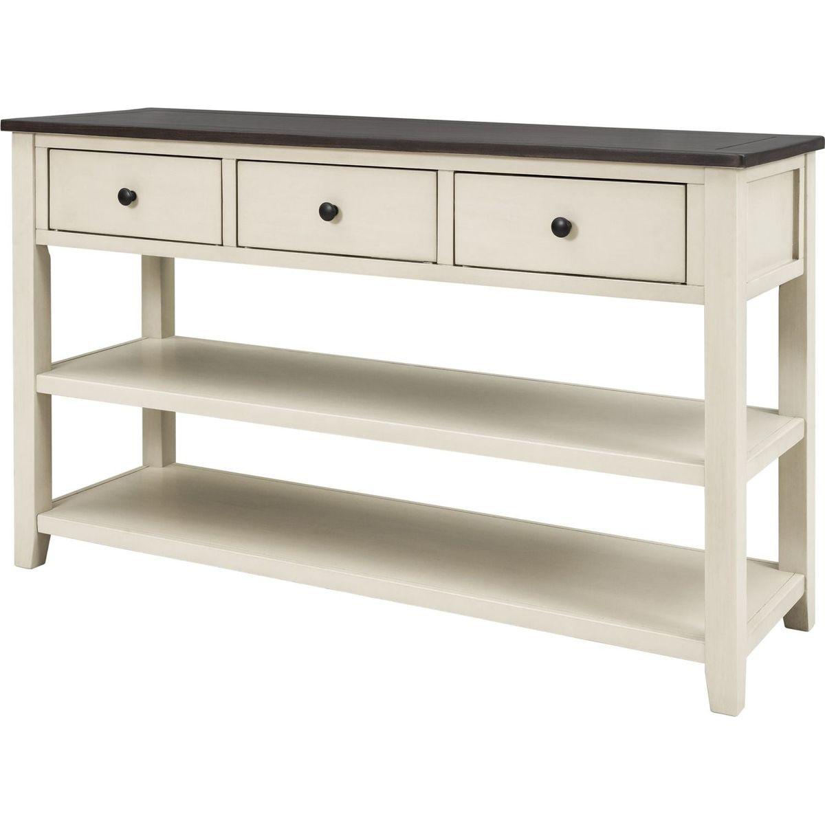 Retro Design Console Table with Two Open Shelves, Pine Solid Wood Frame and Legs for Living Room (Espresso+Beige)