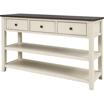 Retro Design Console Table with Two Open Shelves, Pine Solid Wood Frame and Legs for Living Room (Espresso+Beige)