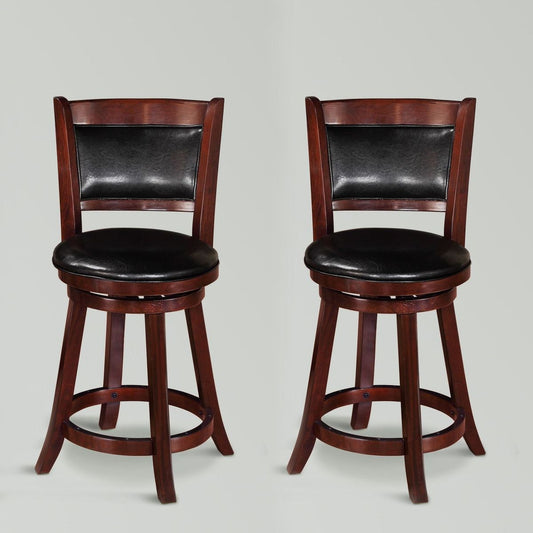 2Pc Beautiful Elegant Upholstered Low Swivel Chair Stool Rich Black Faux Leather Upholstery Padded Back Kitchen