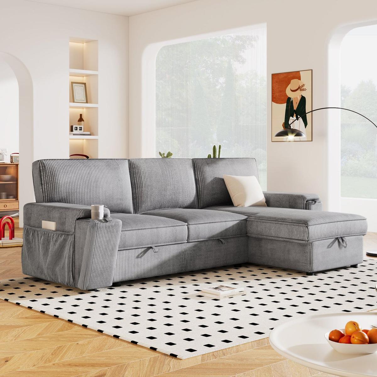 Upholstery Sleeper Sectional Sofa with Storage Bags and 2 cup holders on Arms